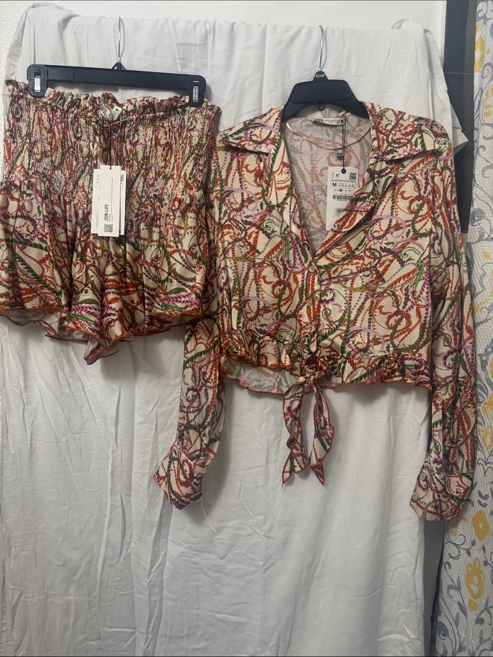 Zara Cream Multi Vine-Print Tie-Front Cropped Blouse